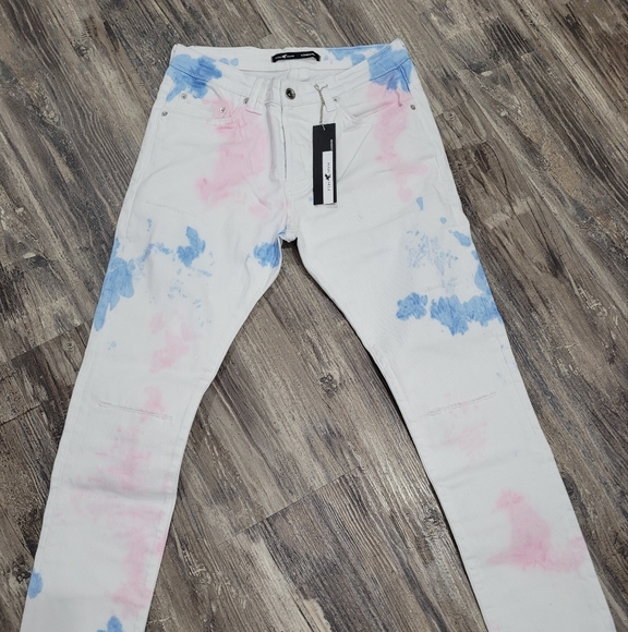 New 7TH Heaven blue / pink PAINT SPLATTER white JEANS 32 & 38 - Picture 1 of 8